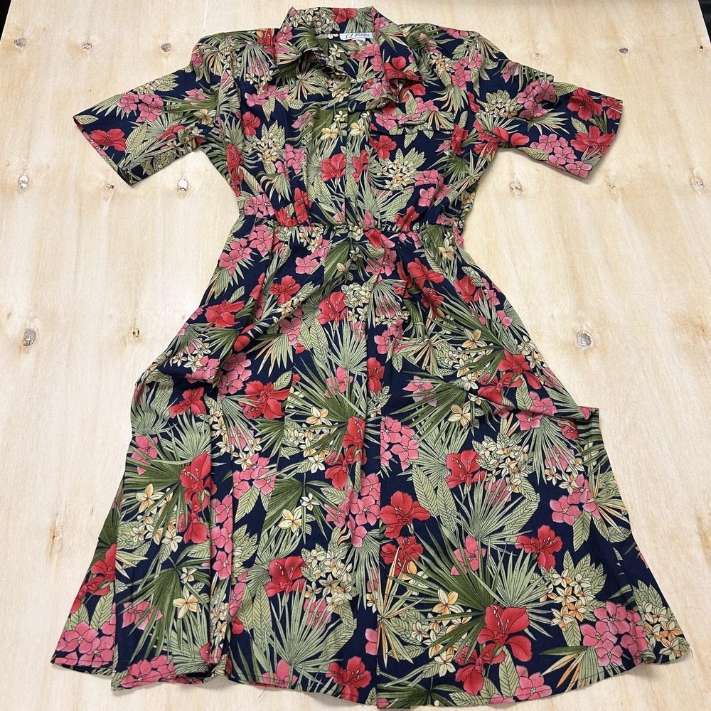 Vintage S.L. Petites Dress Womens 16 Floral Short Sleeve Hawaiian Shirt Midi